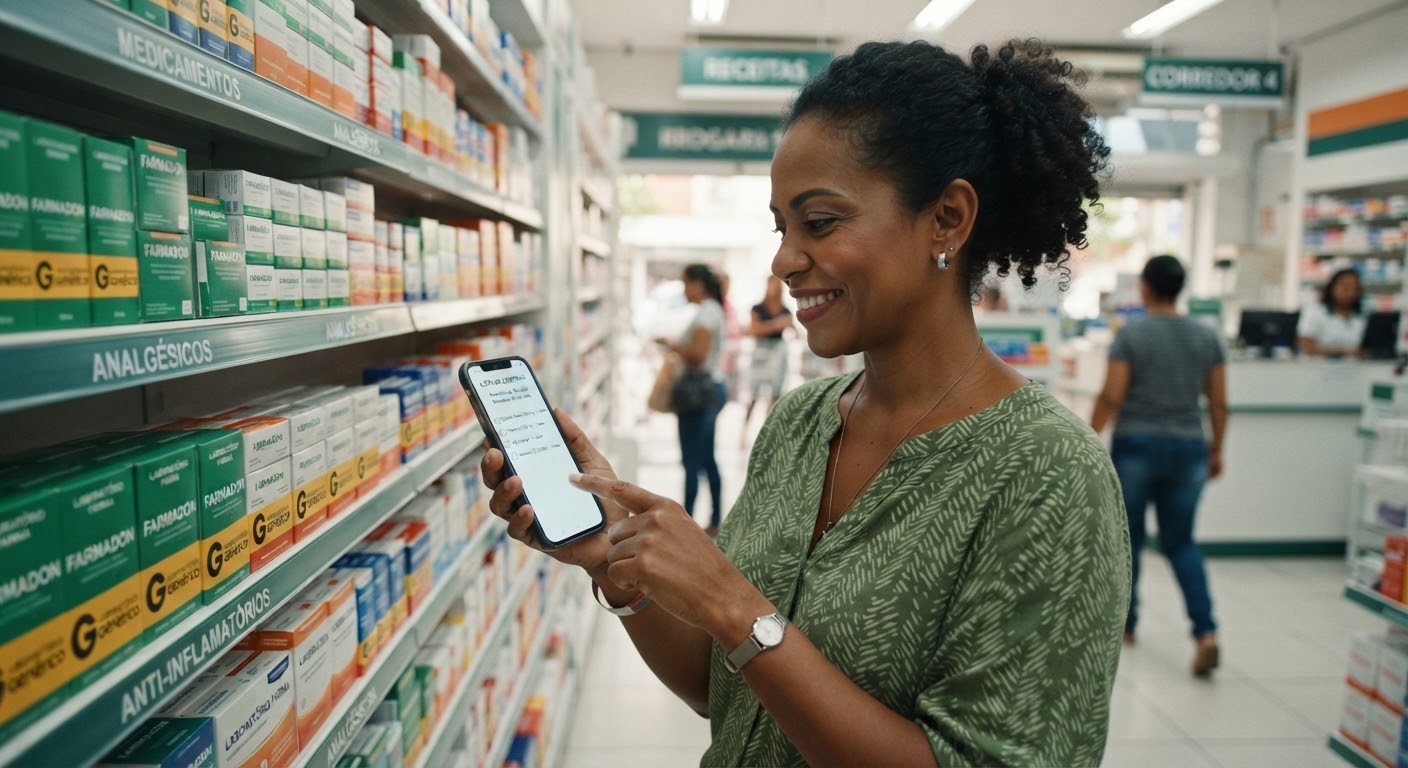 Mulher na farmácia conferindo a lista de compras do VóCuida no celular
