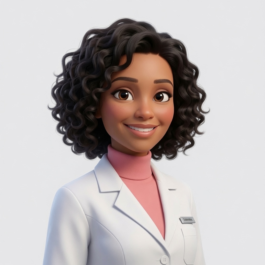 Norma, assistente virtual de cuidados do VóCuida, sorrindo com jaleco branco