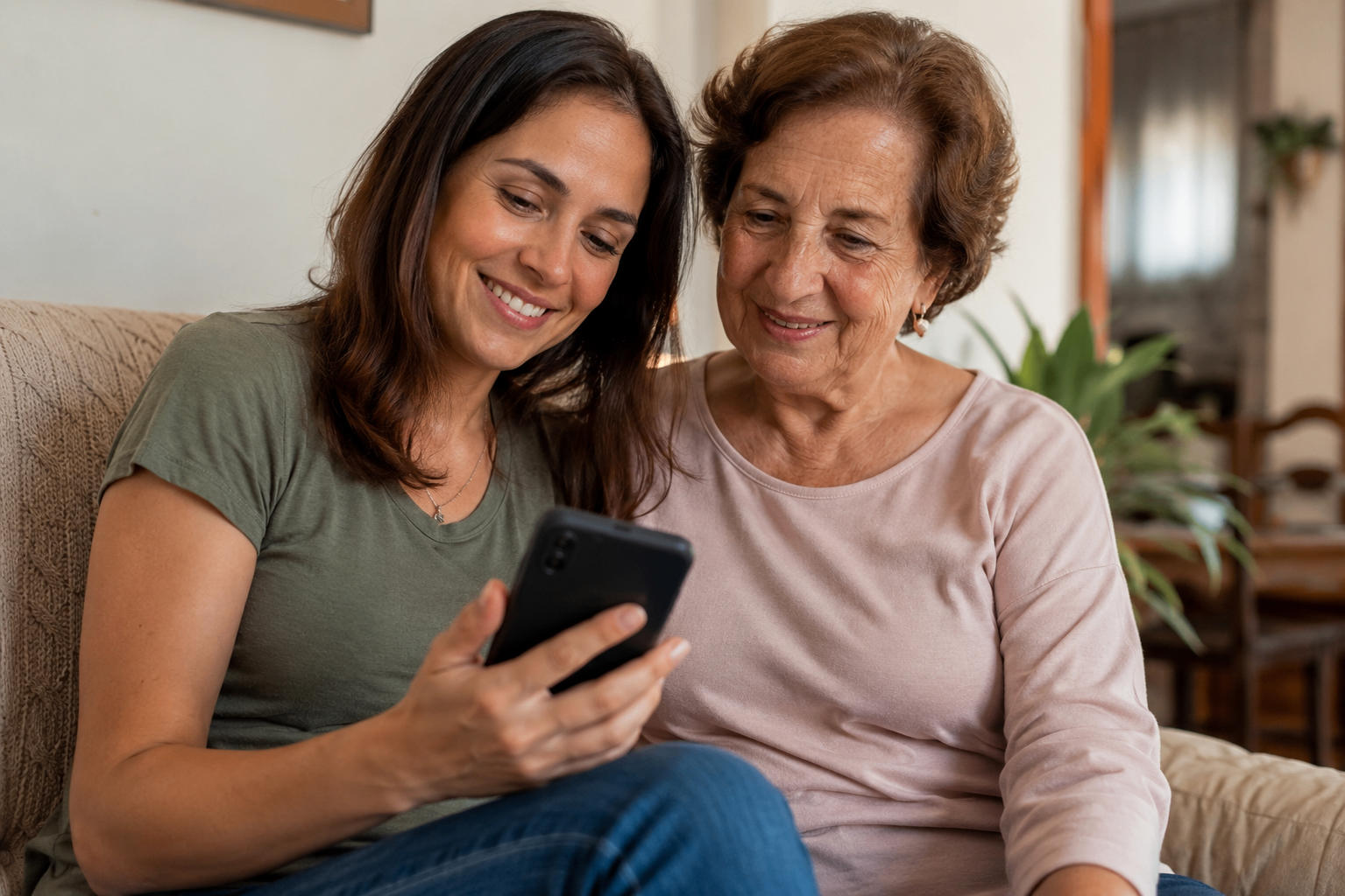 Filha mostrando informações no celular para uma mulher idosa sentadas no sofá