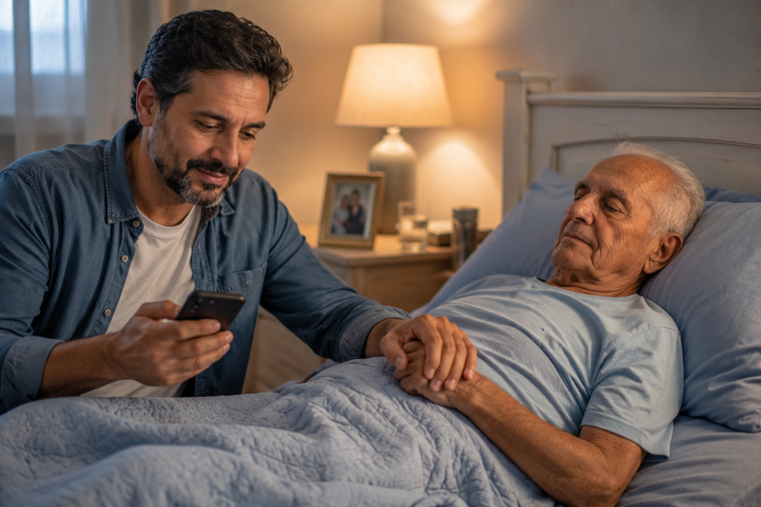 Homem ao lado de um idoso acamado consultando informações no celular enquanto segura sua mão