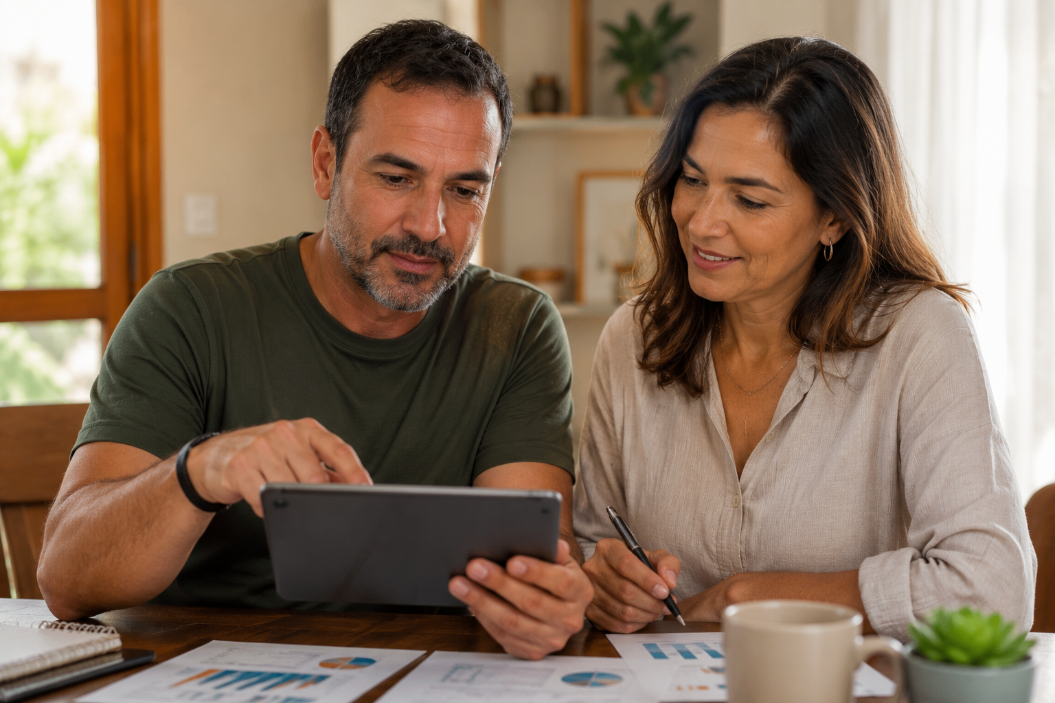 Casal analisando gráficos e relatórios financeiros em um tablet sobre a mesa